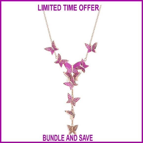 Y-Necklace Set with Butterfly Motifs and Crystal Pavé Rose Gold Tone Finish